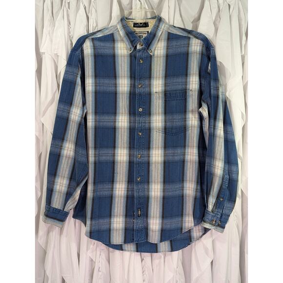 Lee Blue/Ivory Plaid Cotton Button Up Long Sleeve 1 Pocket Vintage Size Large - Picture 1 of 12